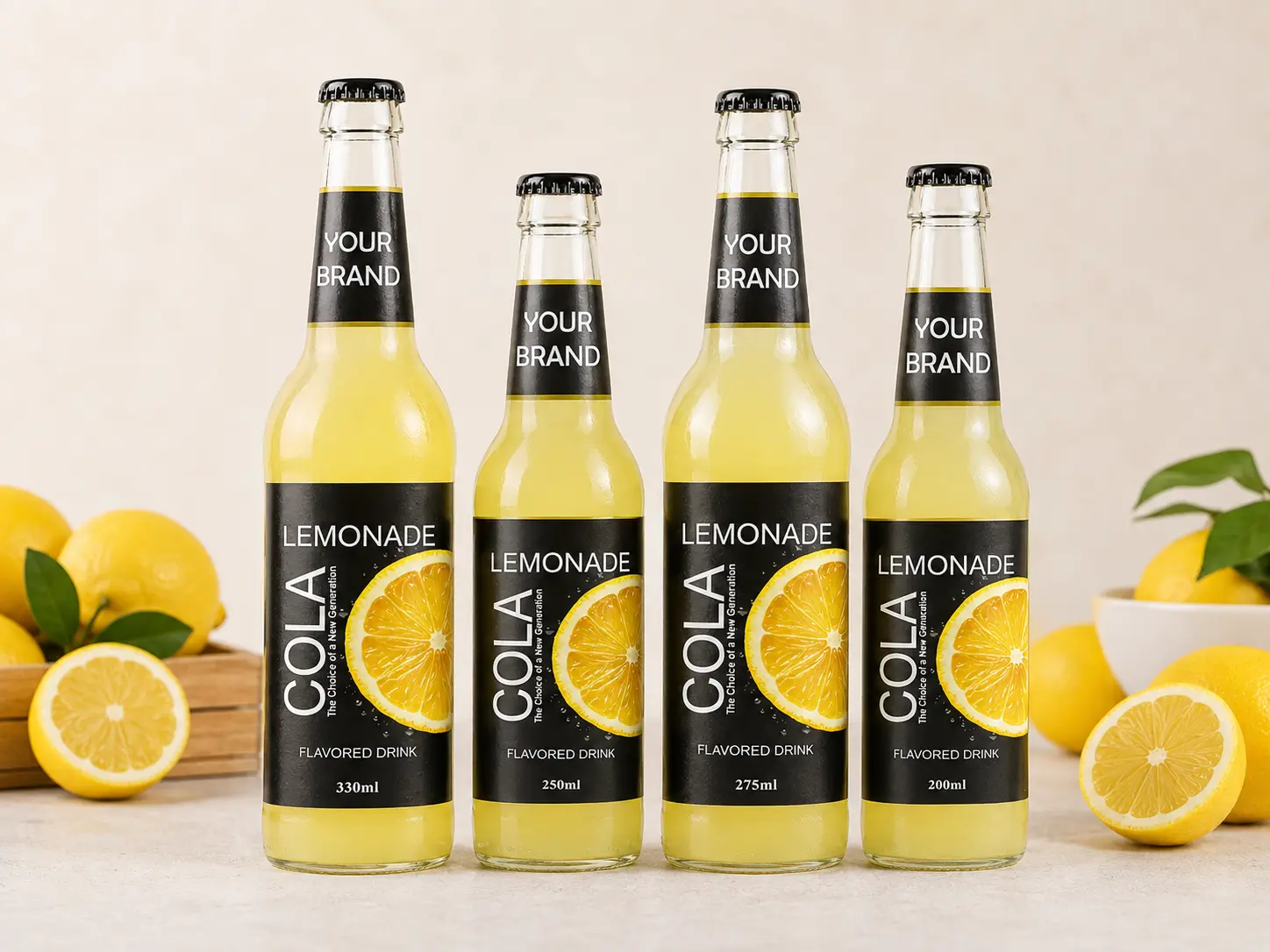 COLA DRINK Lemonade flavour in 330ml, 250ml, 275ml, and 200ml glass bottles.